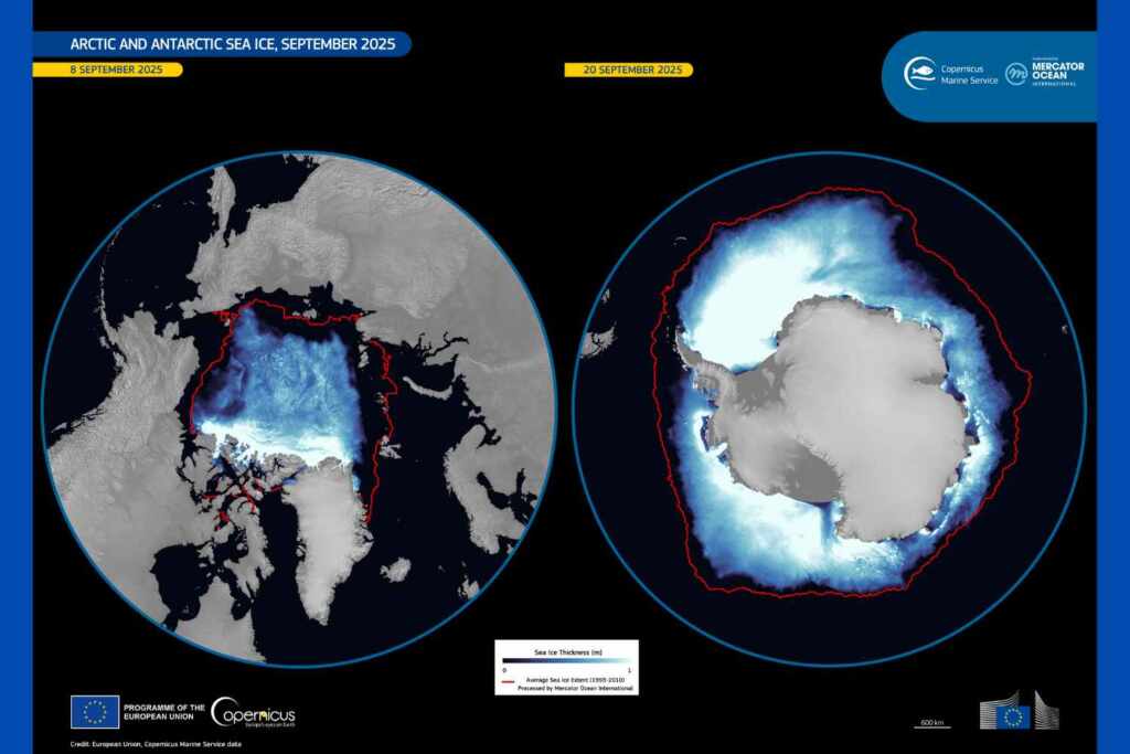 Arctic and Antarctic ice loss visible in satellite images: climate change impact on polar ice caps